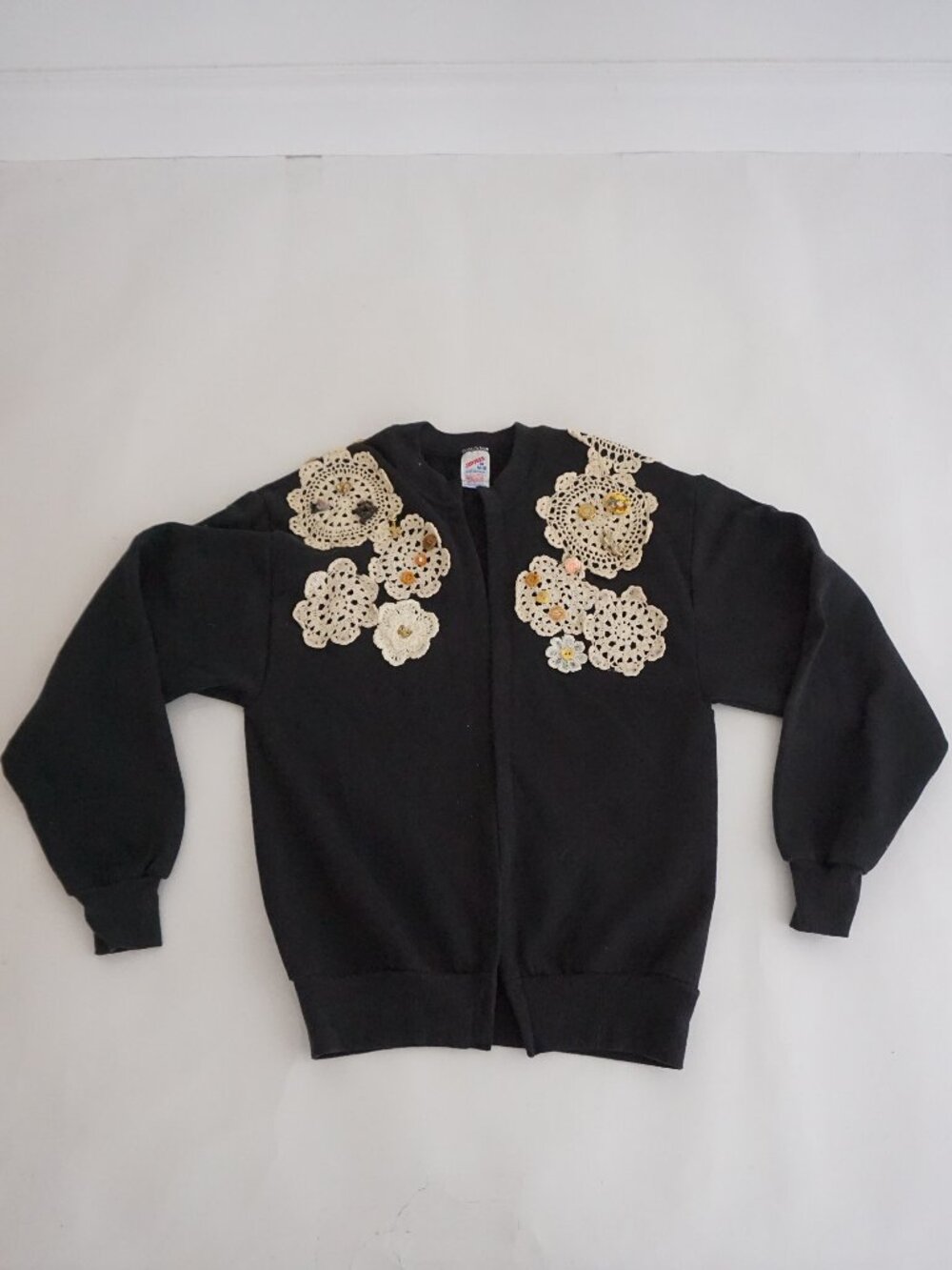 Vintage Jerzees Crochet Floral Lace Applique Open Front Knit Cardigan M